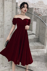 Lovely Wine Red Short Sleeves Velvet Homecoming Dress, Burgundy Prom Dress Formal Dress