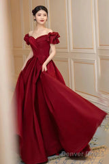 Lovely Wine Red Sweetheart Long A-Line Prom Dress, Off The Shoulder Long Formal Dress