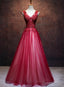 Lovely Wine Red V Neckline Tulle Prom Gowns, A Line Prom Dresses