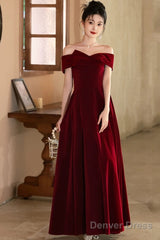 Lovely Wine Red Velvet A-Line Off Shoulder Party Dress, Wine Red Velvet Prom Dress
