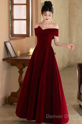 Lovely Wine Red Velvet A-Line Off Shoulder Party Dress, Wine Red Velvet Prom Dress