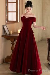 Lovely Wine Red Velvet A-Line Off Shoulder Party Dress, Wine Red Velvet Prom Dress