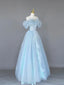 Light Blue Tulle Lace Long Prom Dress, Beautiful Off Shoulder Evening Party Dress