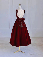 Burgundy Tea Length Velvet Prom Dress with Bowknot, Burgundy Evening Party Dress