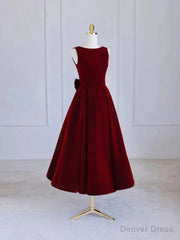Burgundy Tea Length Velvet Prom Dress with Bowknot, Burgundy Evening Party Dress