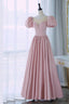 Pink Satin Long A Line Prom Dress, Cute Short Sleeve Prom Dresses