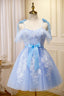 Blue Lace Knee Length Prom Dress, Lovely A Line Homecoming Dresses