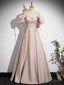 Pink Satin A Line Floor Length Prom Dress, Off Shoulder Short Sleeve Prom Dresses