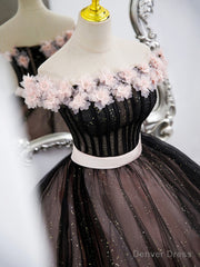 Black Tulle and Pink Flowers Party Dress, Black Off Shoulder Sweet 16 Dress
