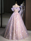 Purple A-Line Off the Shoulder Sequins Prom Dress, Lovely Tulle Corset Floor Length Evening Dress