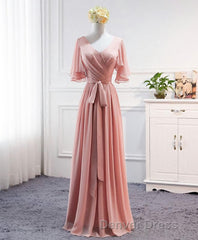 Simple V Neck Chiffon Long Prom Dresses, Bridesmaid Dresses