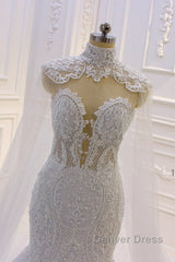 Luxurious 3D Lace Applique High Neck Tulle Mermaid Wedding Dresses
