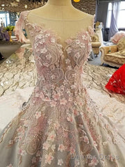 Luxurious 3D Lace Flowers Light Blue Satin Ball Gown Wedding Dresses