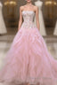 Luxurious Ball Gown Strapless Pink Tulle Long Prom Dresses