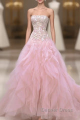 Luxurious Ball Gown Strapless Pink Tulle Long Prom Dresses