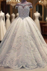 Luxurious Ball Gown Wedding Dresses Shiny Crystals Bridal Gowns with Flowers