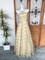Luxurious Champagne Gold A-Line Strapless Embroidered Lace Tulle Long Prom Dresses Evening Dresses