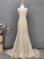 Luxurious Champagne Gold Crew Neck Rhinestone Lace Train Prom Dresses Evening Dresses