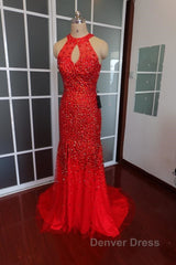 Luxurious Crystal Beaded Halter Mermaid Evening Dresses Leg Split Prom Gowns