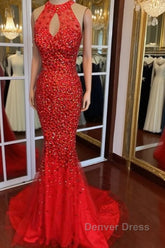 Luxurious Crystal Beaded Halter Mermaid Evening Dresses Leg Split Prom Gowns