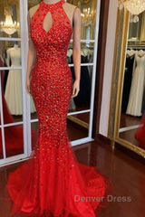 Luxurious Crystal Beaded Halter Mermaid Evening Dresses Leg Split Prom Gowns