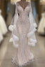 Luxurious Mermaid V-Neck Long Sleevess Crystal Floor Length Prom Dresses With Tassels