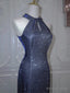 Luxurious Navy Blue Long Prom Gowns Mermaid Halter Neck Backless Prom Dresses