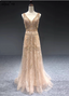 Luxurious Nude Pink A-Line V-Neck Beaded Embroidered Tulle Long Prom Dresses Evening Dresses