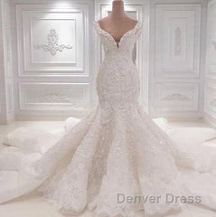 Luxurious Off the Shoulder Mermaid Wedding Dresses New Arrival Lace AppliquesBridal Gowns