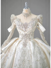 Luxury Ball Gown High Neckline Long Sleeves Sequin White Wedding Dresses Brides Dress