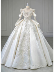 Luxury Ball Gown High Neckline Long Sleeves Sequin White Wedding Dresses Brides Dress