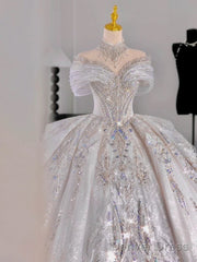 Luxury Ball Gown Off The Shoulder Short Sleeves Sequin White Wedding Dresses Brides Dress