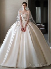 Luxury Ball Gown Strapless Sleeveless Satin White Wedding Dresses Brides Dress