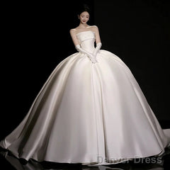 Luxury Ball Gown Strapless Sleeveless Satin White Wedding Dresses Brides Dress