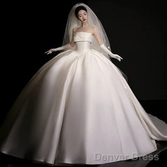 Luxury Ball Gown Strapless Sleeveless Satin White Wedding Dresses Brides Dress