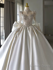 Luxury Ball Gown Sweetheart Neckline Long Sleeves Sequin White Wedding Dresses Brides Dress