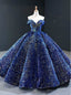 Luxury Blue Sequins Off the Shoulder Sleeveless Long Prom Dresses