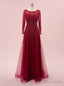Luxury Burgundy Tulle Long Sleeve Beading Sequins Prom Dresses