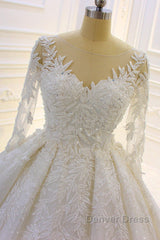 Luxury Long Ball Gown Lace Appliques Wedding Dresses with Sleeves