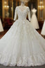 Luxury Long Ball Gowns V Neck Lace Wedding Dresses with Sleeves