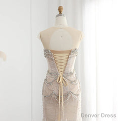 Luxury Mermaid Crystal Pearls Nude Tulle Long Prom Dress