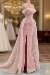 Luxury Mermaid Pink Floor Length Sleeveless Sequin Prom Dresses