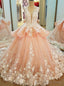 Luxury Pink Ball Gowns Tulle Appliques Long Train Wedding Dresses
