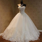 Luxury Sweetheart Rhinestone Beaded White Lace Wedding Dresses, Tulle Bridal Gown,