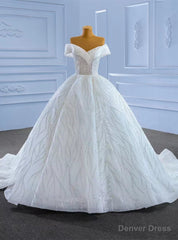 Luxury White Tulle Sequins Off the Shoulder Beading Wedding Dress