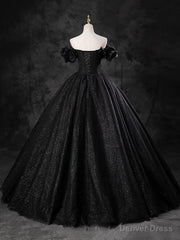 Black Sparkly Tulle Off the Shoulder Long Formal Dress, Elegant A-Line Black Evening Party Dress