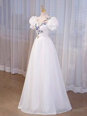 Elegant White Tulle Appliques Long Prom Dress, White High Neck A-Line Evening Dress