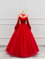 Red Velvet Tulle Floor Length Prom Dress, Beautiful Long Sleeve Prom Dresses