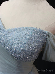 Dusty Blue Tulle Beaded Long Prom Dress, Off the Shoulder A-Line Evening Party Dress