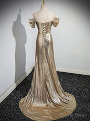 Gold Sequins Floor Length Prom Dress, Mermaid Off the Shoulder Evening Party Dress